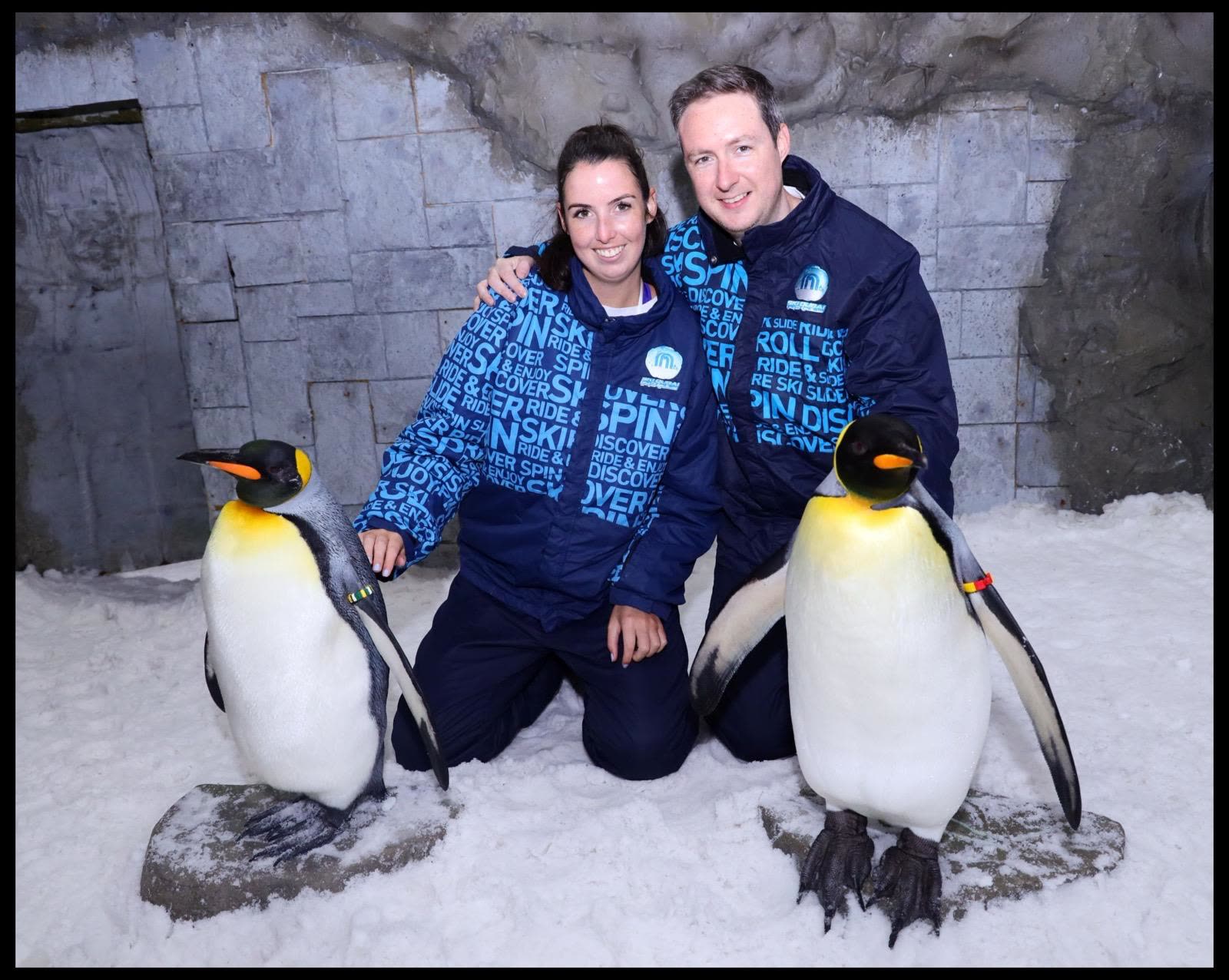 Kneeling in the snow beside two king penguins